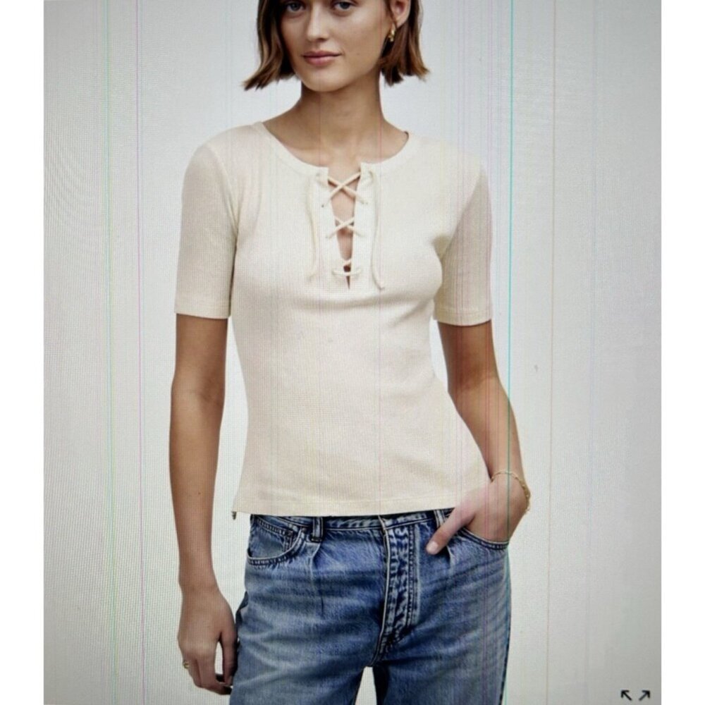Madewell Ribbed Lace-Up Short-Sleeve Tee Ivory Size M - Picture 1 of 7